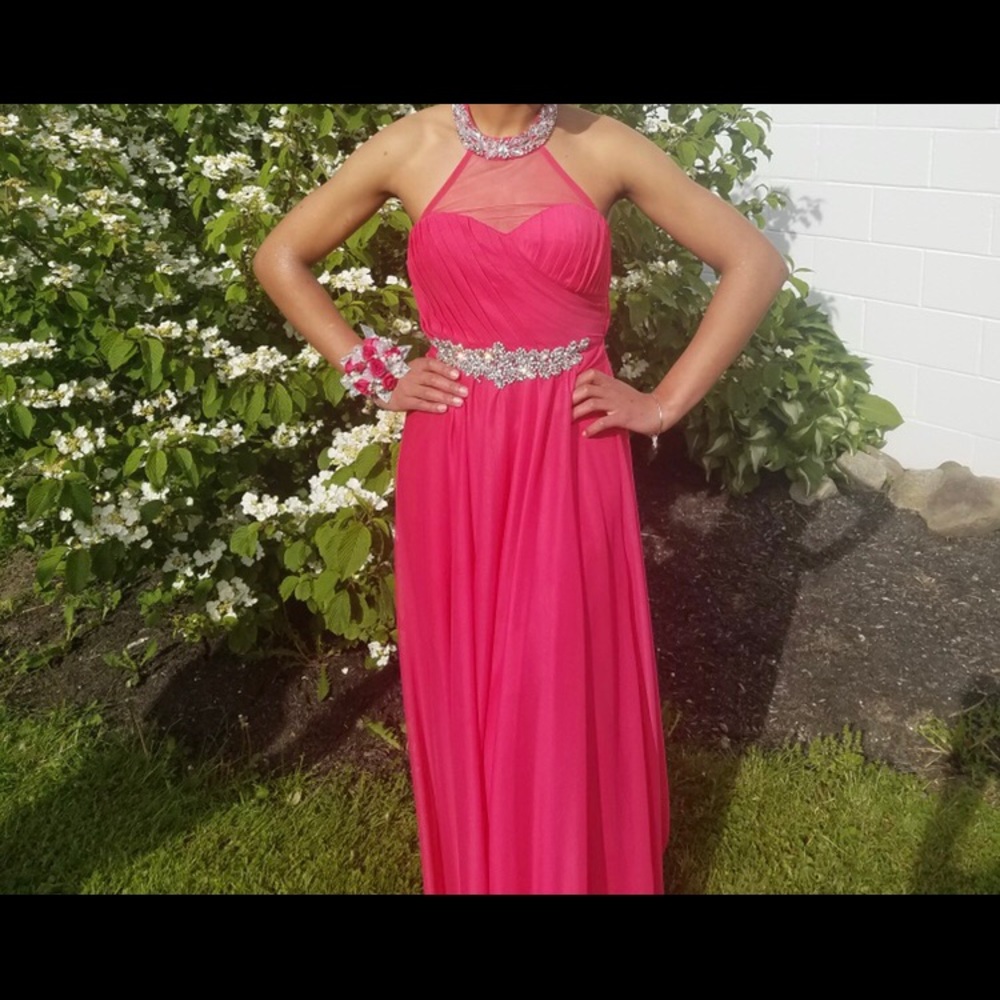 Hot pink prom dress with sparkle neckline